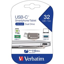 Verbatim USB-C Smart Phone/Tablet Dual USB Drive 3.1 32GB Black