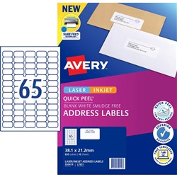 Avery Quick Peel Address Laser & Inkjet Labels White L7651 38.1 x 21mm 140 Labels
