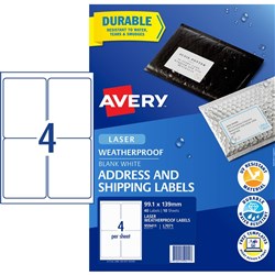 Avery Weatherproof Address & Shipping Laser White L7071 99.1x139mm 4UP 40 Labels