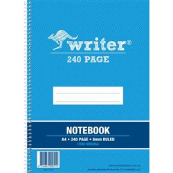 Writer Spiral Notebook A4 8mm Ruled Side Bound 240 Page
