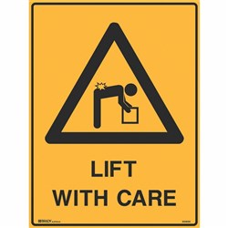 Brady Warning Sign Lift With Care 450W x 600mmH Metal Yellow And Black