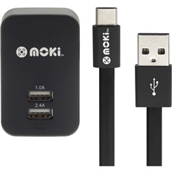 Moki Type-C SynCharge 150cm Cable + Wall Charger Black